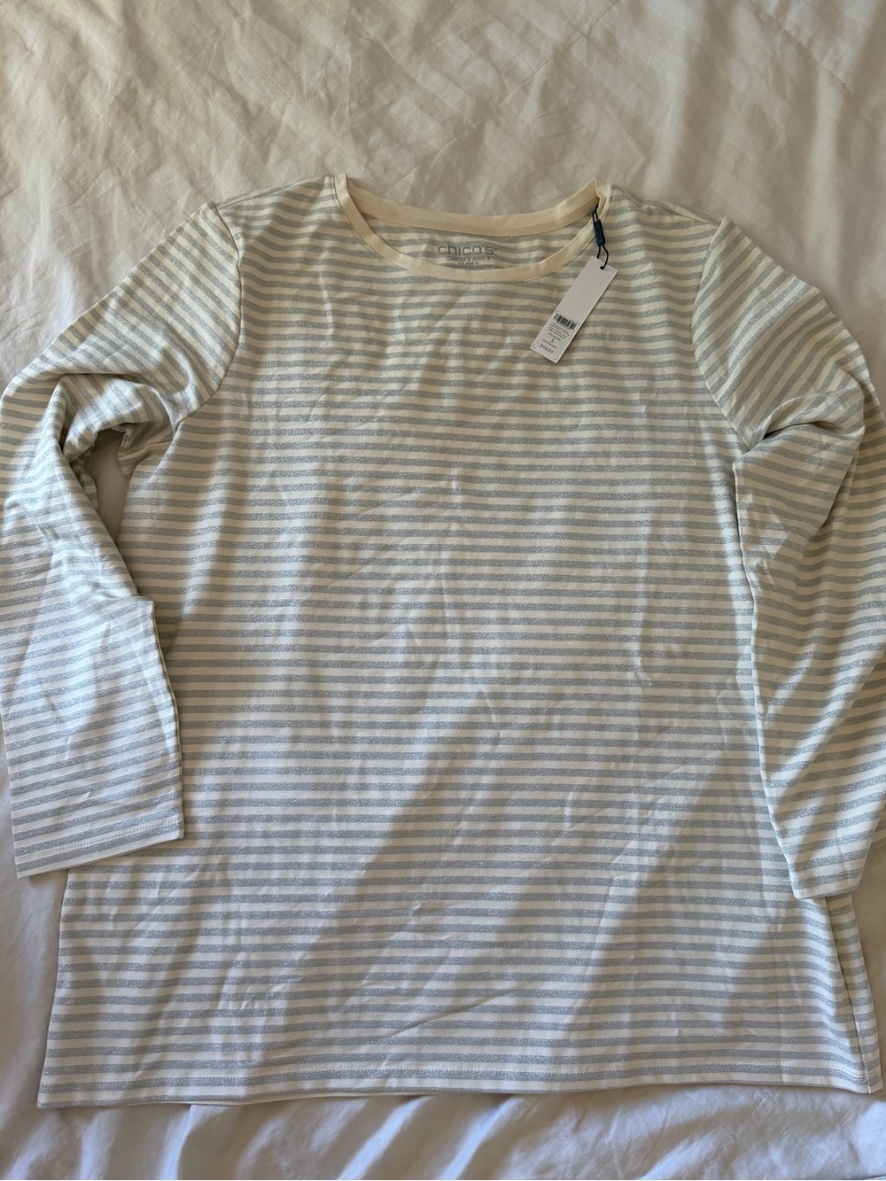 Chico's Striped Long-Sleeve Shirt — Cream & Silver